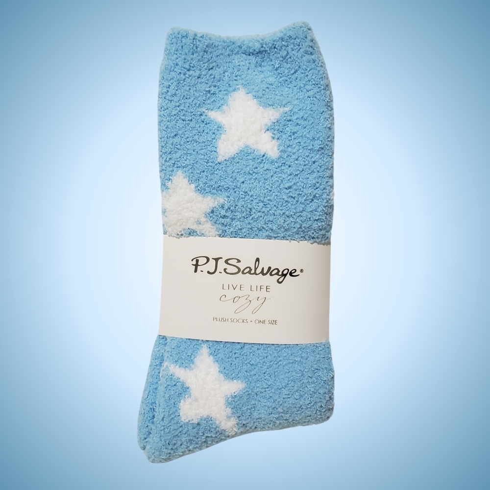 PJ SALVAGE Socks Cozy Women Sock Size 9-11 Powder Blue Stars NWT 💙⭐